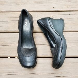 Vintage 90s y2k Bratz Black Leather Chunky Wedge Heel Cap Toe Oxford Loafers‎ 41